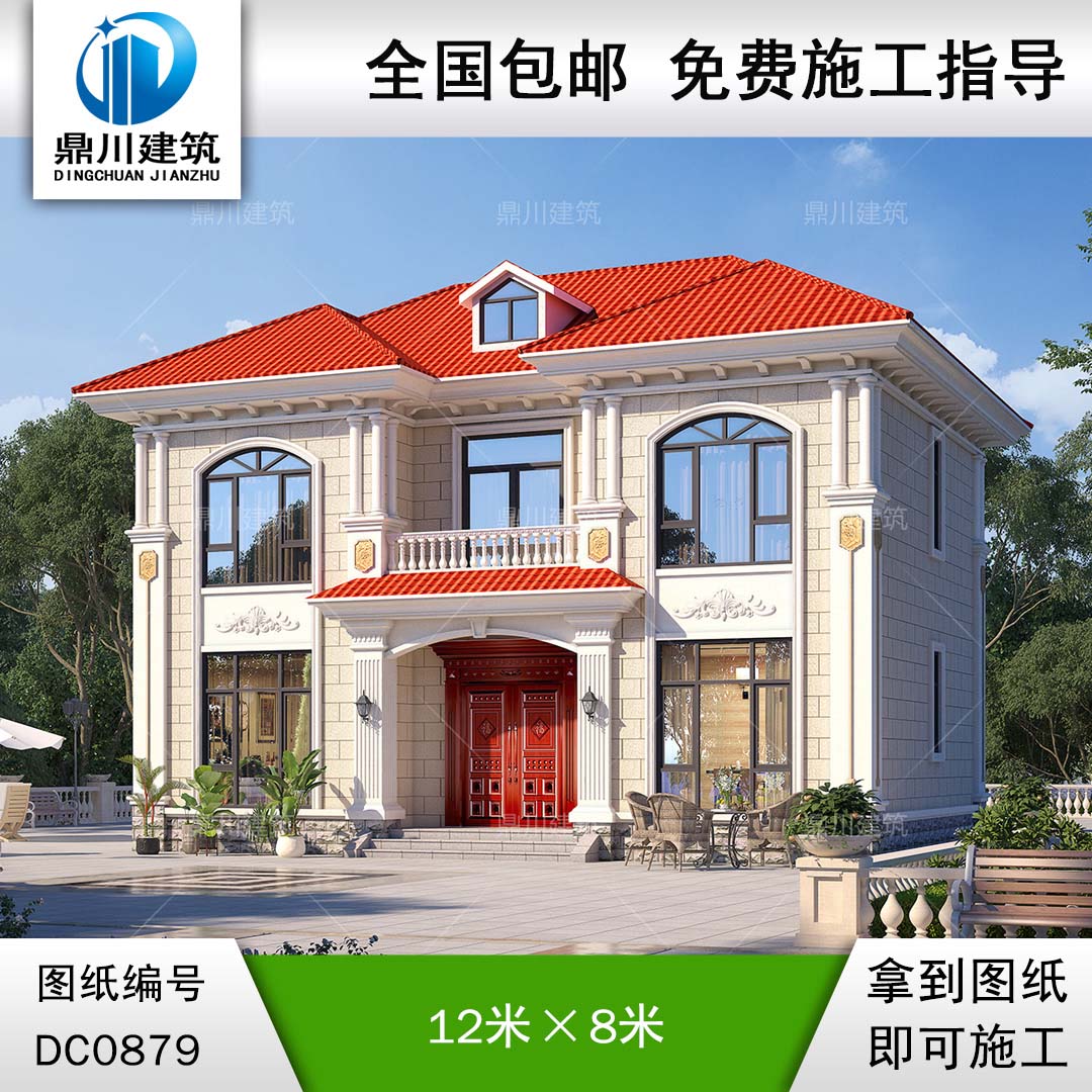 歐式二層帶露臺小別墅外觀效果圖及施工圖紙_農(nóng)村自建房設(shè)計,鼎川建筑
