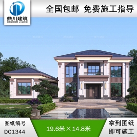 新中式二層帶附屬房別墅施工圖紙及效果圖_農(nóng)村自建別墅設計,鼎川建筑